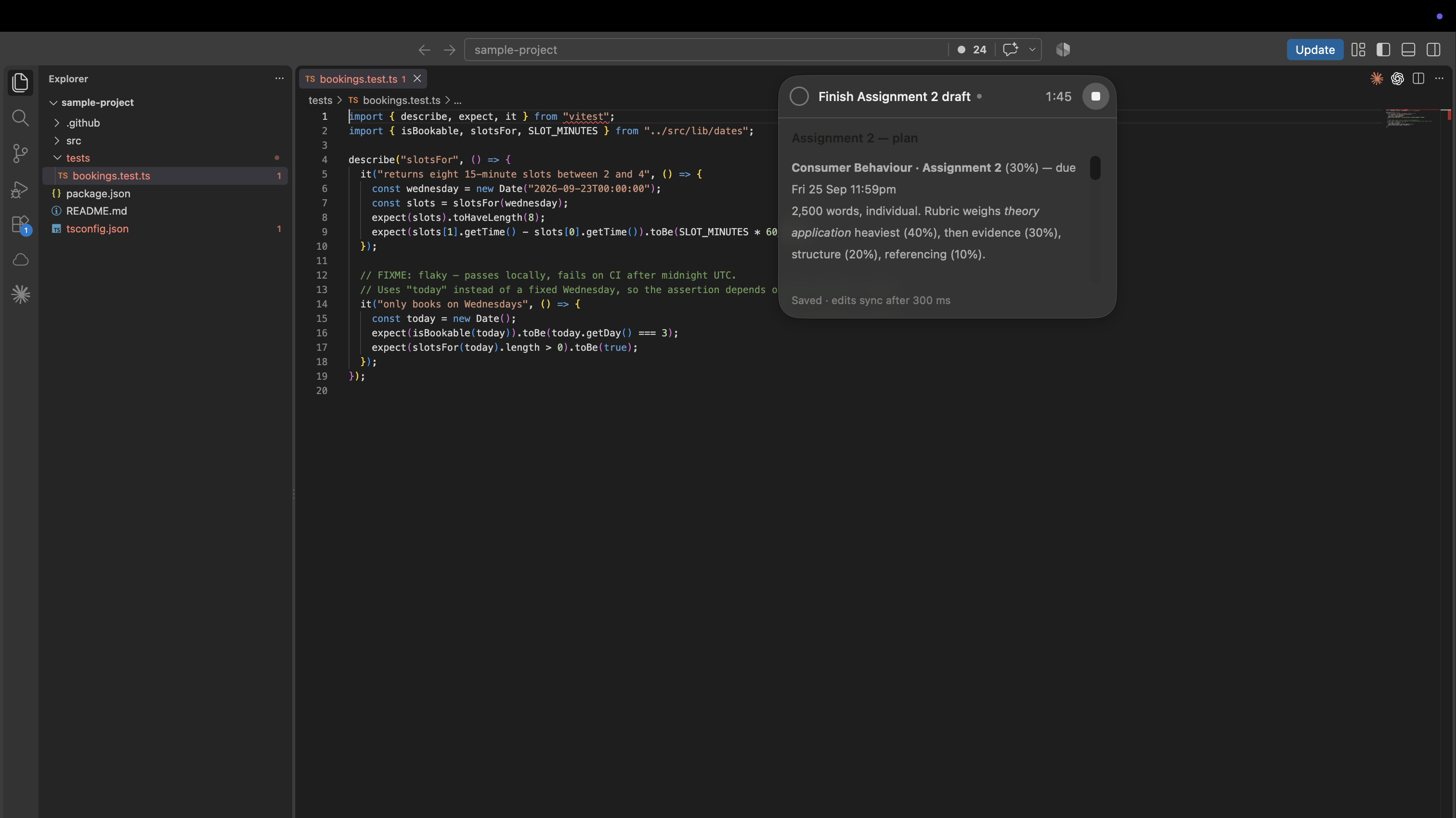 Focus pill over a full-screen editor